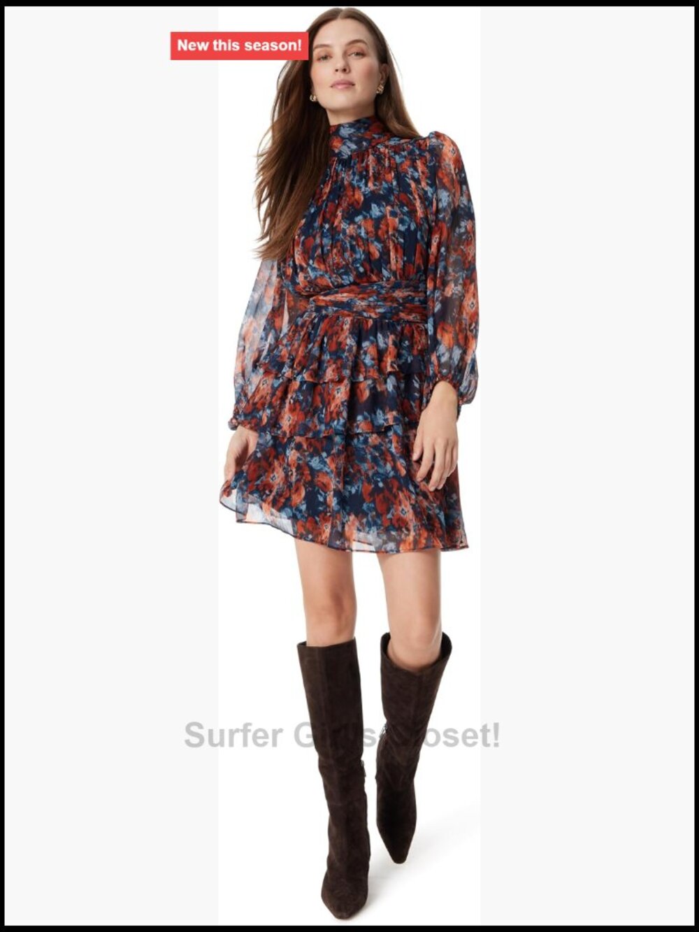 Mock Neck Shirred Mini Dress with Ruffles Floral Print Long Sleeve